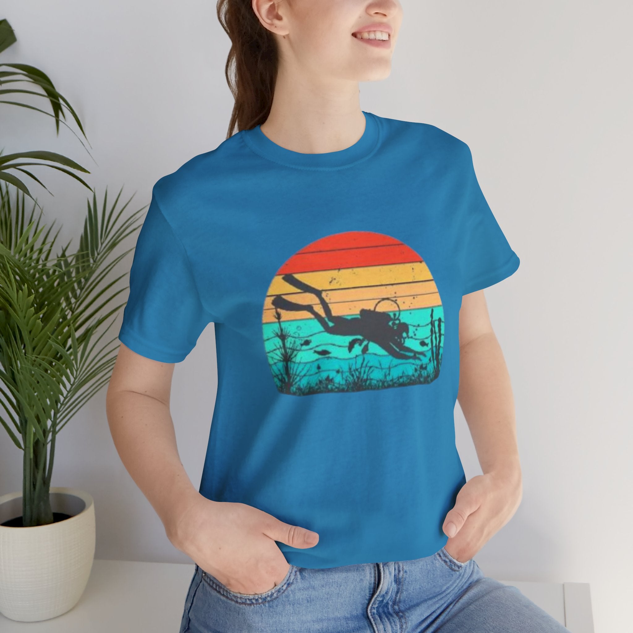 Retro Sunset Diver Tee, Beach Lover Shirt, Gift for Scuba Divers, Summer Graphic Tee