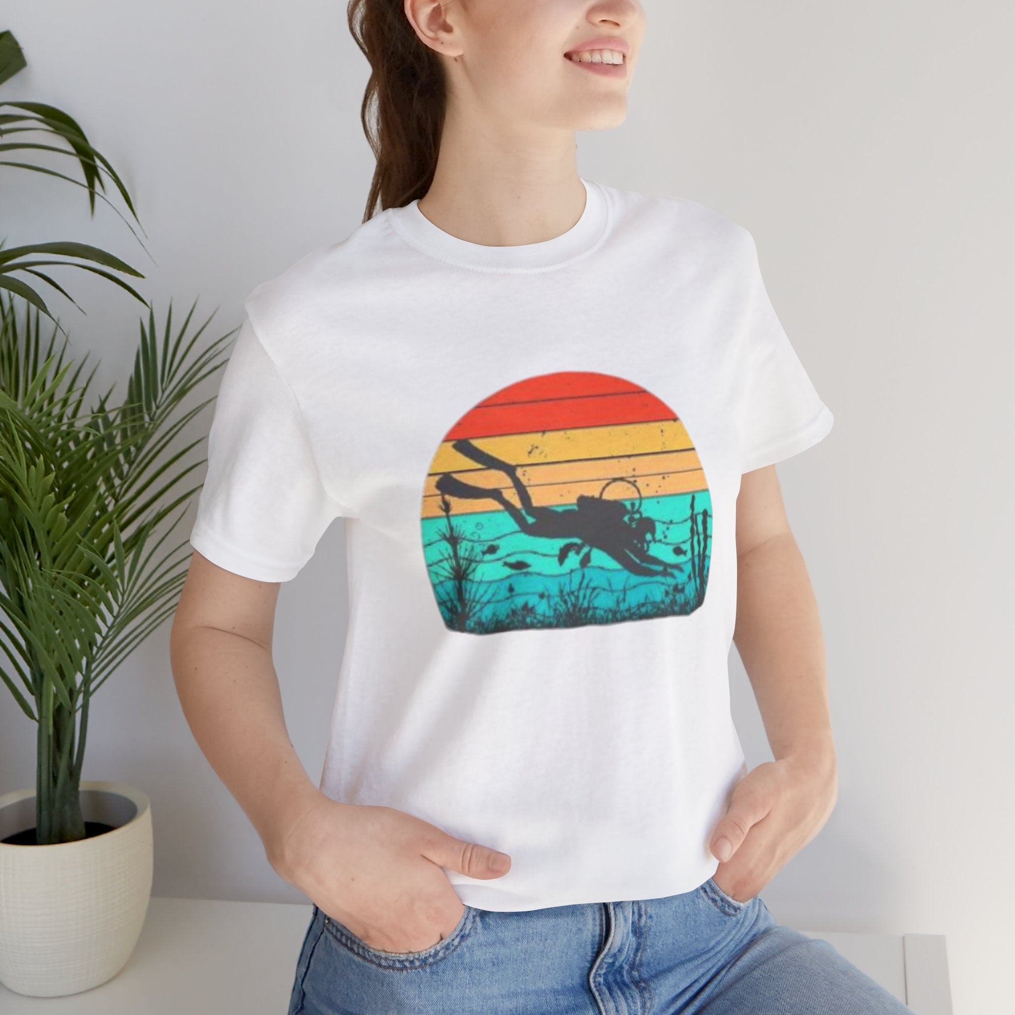Retro Sunset Diver Tee, Beach Lover Shirt, Gift for Scuba Divers, Summer Graphic Tee