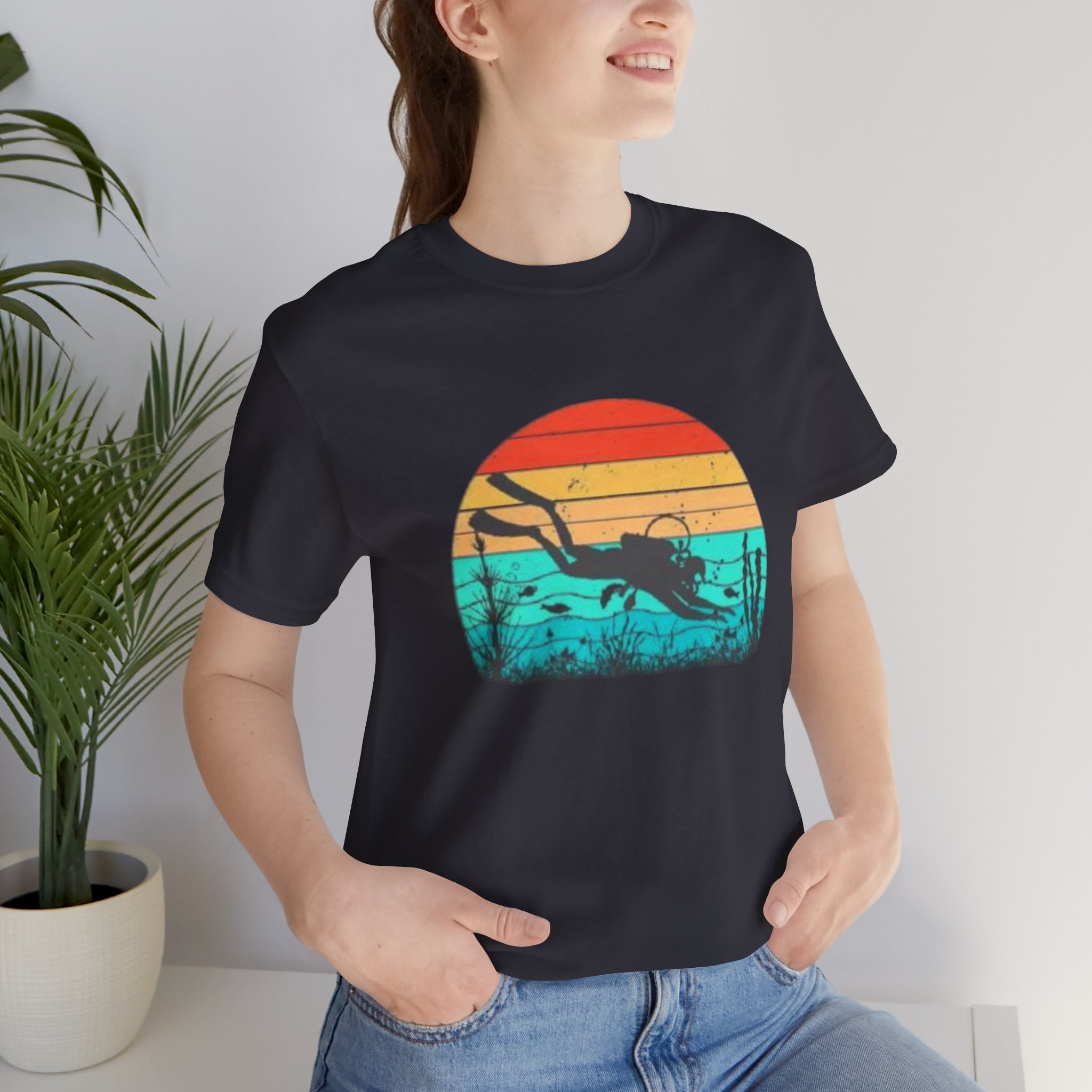 Retro Sunset Diver Tee, Beach Lover Shirt, Gift for Scuba Divers, Summer Graphic Tee