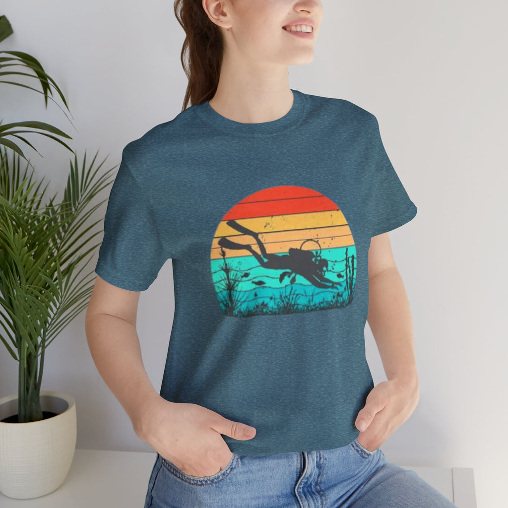 Retro Sunset Diver Tee, Beach Lover Shirt, Gift for Scuba Divers, Summer Graphic Tee